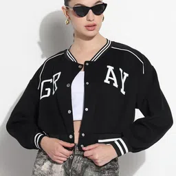 SHOWOFF Women Spread Collar Typography Casual Varsity Jacket-image-39