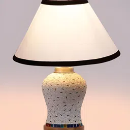 Devansh White & Black Textured Wooden Frustum Shaped Table Lamp With Mosaic Glass Base-0