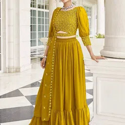 SANCIA Floral Embroidered Georgette Top With Skirt & Dupatta-picture-8