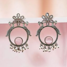 Rubans Silver-Plated Artificial Stones Studded & Pearls Beaded Peacock Drop Earrings-picture-41