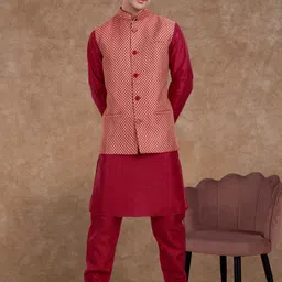 SKAVIJ Men Mandarin Collar Kurta With Churidar & Nehru Jacket-picture-2