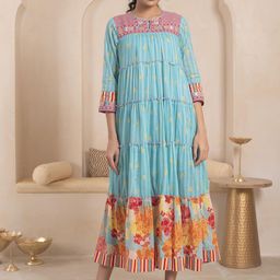 Juniper Floral Printed Cotton Flared Ethinic Dress-image-93