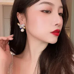 DIVASTRI Gold-Plated Artificial Stones Studded & Pearls Beaded Korean Quirky Drop Earrings image 4
