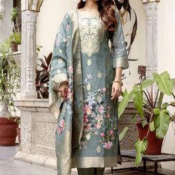 CANBIA Women Foral Regular Chanderi Silk Kurta with Trousers & With Dupatta-image-61