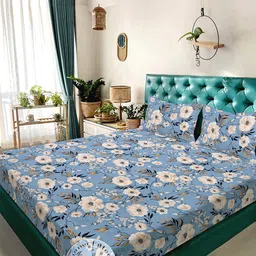 KLOTTHE Blue Floral 300 TC King Bedsheet with 2 Pillow Covers-image-82