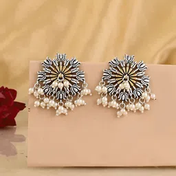 Voylla Silver Plated Beaded Qasbah Padma Oxidised Two Tone Studs-9