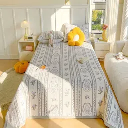 JC HOME White & Grey Cartoon Printed Double Bed Cover With Pillow Covers-image-24