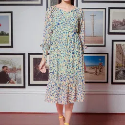 KATLINE Women Floral Printed V-Neck Georgette Puff Sleeves A-Line Midi Dress with Slits-picture-20