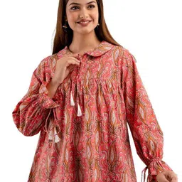 DMP EXPORT Floral Printed Tie-Up Neck Puff Sleeve Peplum Top-image-29