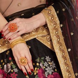 FABPIXEL Black & Red Printed Semi-Stitched Lehenga & Unstitched Blouse With Dupatta image 3
