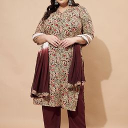 Vbuyz Maroon Floral Printed V-Neck Three-Quarter Sleeves Kurta With Trouser With Dupatta-46