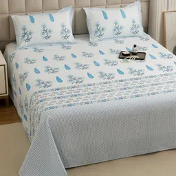 Story@home White & Blue Ethnic Printed 240 TC Cotton King Bedsheet Set 2.70 m x 2.70 m-image-14