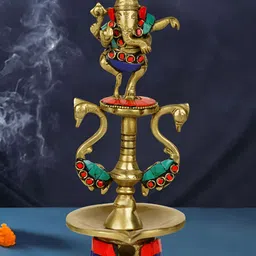 StyleMyWay Brass Ganesha Gemstone Work Pooja Aarti Diya (8.8 inches, 780 gm)-10
