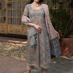 BANDIA Women Floral Printed Regular Sequinned Pure Cotton Kurta with Trousers & With Dupatta-image-21