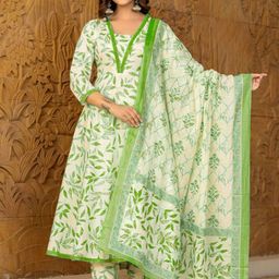 PARTHVI Women Printed Regular Thread Work Kurta with Trousers & With Dupatta image 1