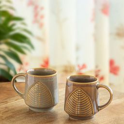 ExclusiveLane Camel Brown 2 Pieces Textured Ceramic Glossy Mugs 300ml Each-4