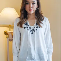 Zink London Floral Print Tie-Up Neck Top-image-10