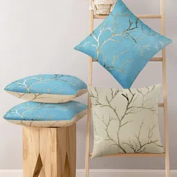 IVAZA Blue & Beige Set of 4 Floral Velvet Square Cushion Covers-image-94