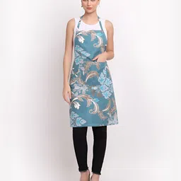 Arrabi Blue & Grey Leaf Printed Cotton Aprons With Pockets-47