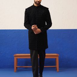 TheEthnic.Co Men Black Embroidered Sherwani Set-image-13