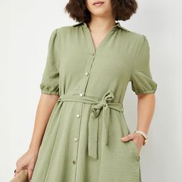 max Women Solid Smocked Shirt collar Midi Dress-image-11