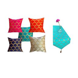 Pink Parrot Red Gold & Grey Printed Jacquard Silk Table Runner & 5 Pcs Of Cushion Covers-image-77