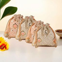 Kuber Industries 4 Pieces Lakhnavi Embroidered Pearl Handle Potli Clutches-image-50