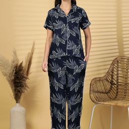 ETC Women Floral Printed Lapel Collar Night suit-59