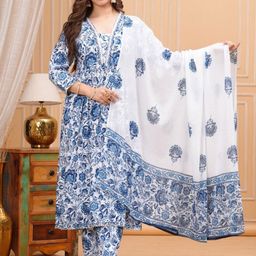 Dholiwal Fashion Floral Printed Pleated V-Neck A-Line Kurta With Trousers & Dupatta-image-70