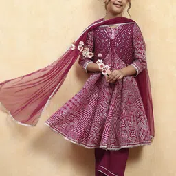 Biba Girls Floral Embroidered Thread Work A-Line Pure Cotton Kurta Set With Jacket-picture-17