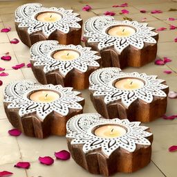 Peepul Tree Brown & White 6 Pieces Textured Wooden Flower Candle Holders-26