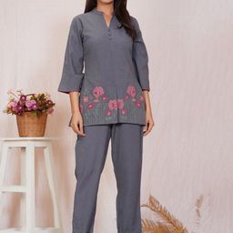 PAARDINI Floral Embroidered Mandarin Collar Neck Top With Trousers Co-Ords-image-51