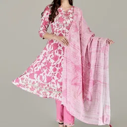 KOTHOTYA Women Floral Embroidered Empire Mirror Work Kurta with Trousers & With Dupatta-picture-12