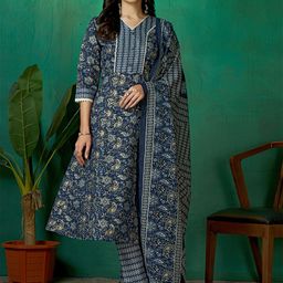 DIVASTRI Women Floral Printed Regular Gotta Patti Pure Cotton Kurta with Trousers & With Dupatta-image-37