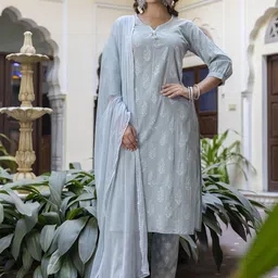 EthniFlair Floral Printed Thread Work Pure Cotton Kurta & Palazzo & Dupatta-picture-51