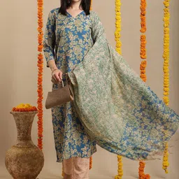 KALINI V-Neck Floral Printed Straight Kurta with Trouser & Dupatta-18