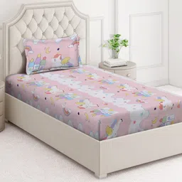 Arrabi Pink & Yellow Cartoon Characters 350 TC Single Bedsheet with 1 Pillow Covers-image-78