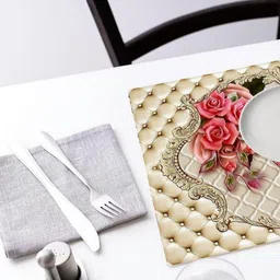 REVEXO 6Pc Cream Colored & Pink Printed Non Slip Table Placemats With Coasters image 3