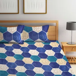 FABINALIV Navy Blue & Cream Geometric Printed 300 TC King Bedsheet Set 2.70 m x 2.70 m-1