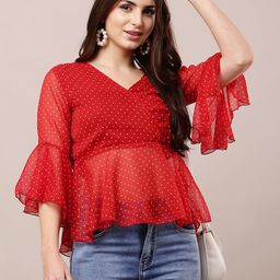 Raabta Fashion Polka Dot Print Bell Sleeve Georgette Top-17