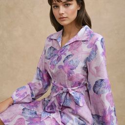 RAREISM Women Prewern Women Floral Printed Shirt Collar Bishop Sleeves A-Line Mini Dress-image-74