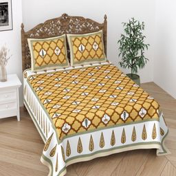 Desi Mantra Yellow & White Floral 120 TC Queen Bedsheet with 2 Pillow Covers-image-61