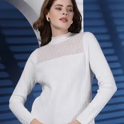 Juelle Women Striped Self Desgin Woollen Mock Collar Pullover Sweaters-60