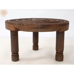 Exotic India Brown Wooden Carved Peacock Design Round Puja Chowki-image-26