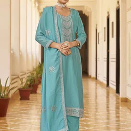 KALINI Women Floral Embroidered Regular Sequinned Kurta with Trousers & With Dupatta-32