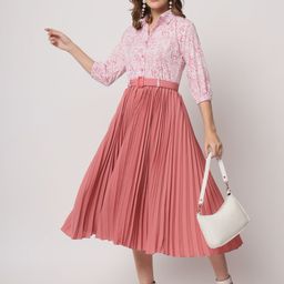 ZWERLON Women Floral Printed Shirt Collar A-Line Dress-image-75