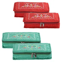Kuber Industries Red & Green 4 Pieces 7 Pouch Embroidery Jewellery Organisers-14