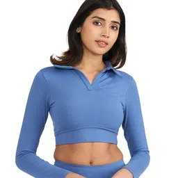 Hunnit Women Shirt Collar Long Sleeve Crop Fitted Top-image-39