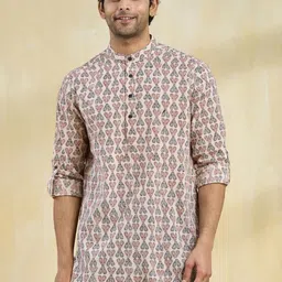 Fabindia Men Ethnic Motifs Printed Band Collar Bagh Printed Cotton Straight Kurta-image-80