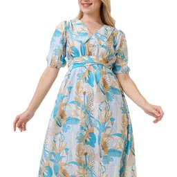 Amarasha Tropical Print Puff Sleeve Crepe Fit & Flare Dress-picture-52
